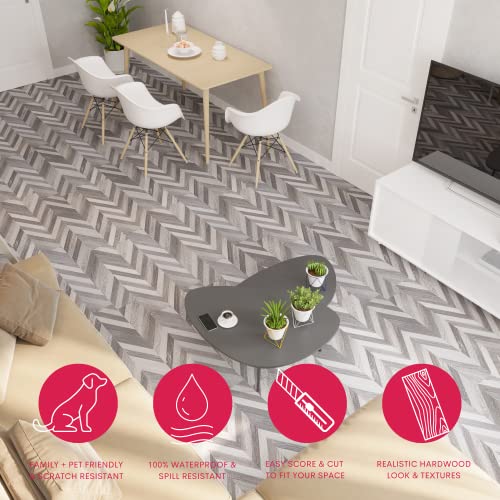 LUCiDA SURFACES Luxury Vinyl Flooring Tiles | Peel and Stick Floor Tile for DIY Installation | 36 Wood Look Planks | Grey Chevron | BaseCore | 54 Sq. Feet