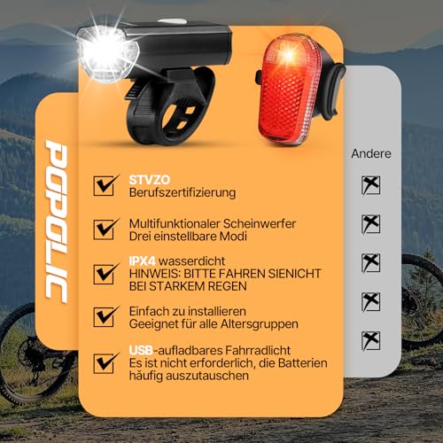 Popolic Fahrradlicht Set LED StVZO-30/15 LUX Fahrradbeleuchtung Set 360° Beleuchtung-IPX4...