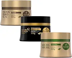 Kit Cronograma Capilar para Cabelos Ressecados Máscara Mandioca Hidratação, Cavalo Forte Reconstrução, Murumuru Nutrição