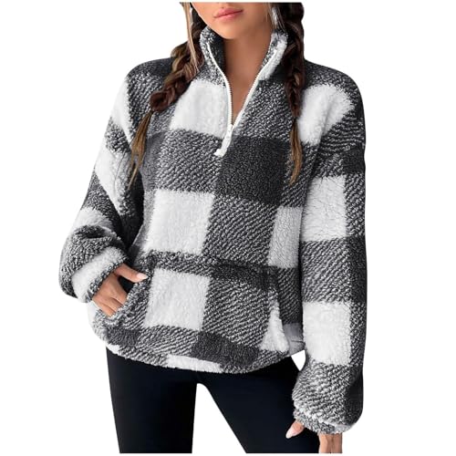 Women's Plaid Sherpa Pullover, Half Zip Fleece Sweatshirt with Pocket Mock Neck, Cozy Casual Top for Autumn Winter, Outdoor Warm Outfit (Black, S)