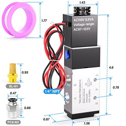 Image of TAILONZ 1 /4 inchNPT AC110V 4V210-08 Solenoid Valve 2-Position 5-Way Outlet wire