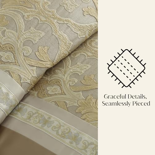 Image of CozyDH Luxury Comforter Set Queen Size, Champagne Beige, 7 Piece Bed in a Bag Jacquard Vintage Floral Damask, All Season Down Alternative Bedding with Bed Skirt, Shams, Decorative Pillows