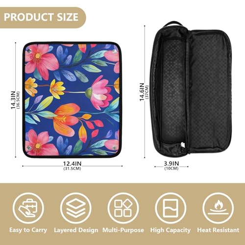 Cartoon Flowers Blue Hot Hair Tools Travel Bag con almohadilla resistente al calor, impermeable para planchas y rizadores de pelo, organizador portátil miniatura 4
