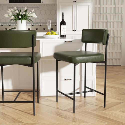 Image of Bar Stools, Faux Leather Counter Height Barstools with Curved Back, 25 Inch Upholstered Bar Chairs, Modern Counter Stools for Kitchen lsland, Green