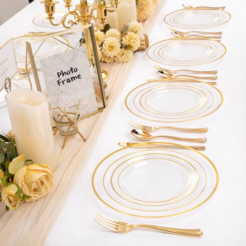 Image of I00000 200 Pcs Clear Gold Plastic Plates - Disposable Party Plates, Gold Plate Disposable Include 100 Dinner Plate and 100 Dessert Plate, Plastic Plate for Party, Holiday, Wedding & Birthday