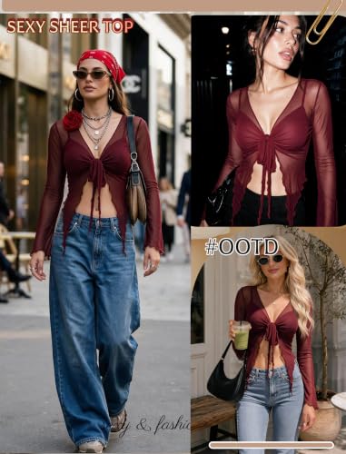 Image of Avidlove Women Mesh Crop Top Y2K Tie Front Tops Rave Top Sheer Cardigan