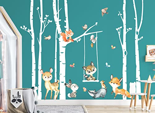 Grandora Wandtattoo Wandsticker Kinderzimmer Tiere Wald Birkenstämme Wandaufkleber Wanddeko Sticker Babyzimmer Spielzimmer Wandbild Kinder Jungs Aufkleber DL760