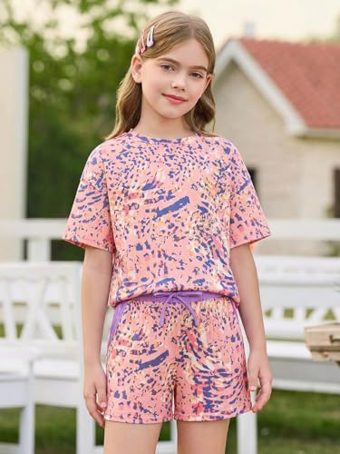 Image of Haloumoning Girls Summer 2 Piece Outfits Kids Oversized T Shirts and Shorts Clothing Sets 5-14 Years