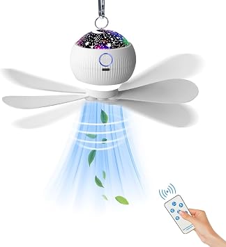 Portable Camping Fan with Lights & Starry Projection, Rechargeable Hanging Tent Fan with Remote Timer,3600mAh Battery Powered Ceiling Fan for Car RV Survival Kit Camping Essentials