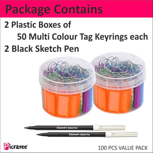 Image of Picrazee 100 Pcs Key Tags with Label & Marker Pen | Multicolor Keychain Name Tags with Key Rings | Plastic Key Identifier Tags for Home, Office, Locker, Bike & Storage Keys