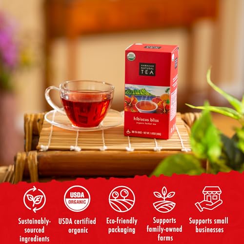 Image of Hawaiian Natural Tea Organic Hibiscus Bliss Herbal Tea - 20 Bags | Caffeine-free hibiscus; all-natural and antioxidant-rich wellness tea; vegan and keto-friendly