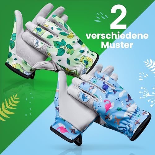 LAUTER SCHUTZ ® für Kinder: Premium Arbeitshandschuhe (Dehnbares Polyester & Kunstleder) mit rutschfestem Kunstleder, für Gartenarbeit und mehr (Größe M, Dino-Muster)