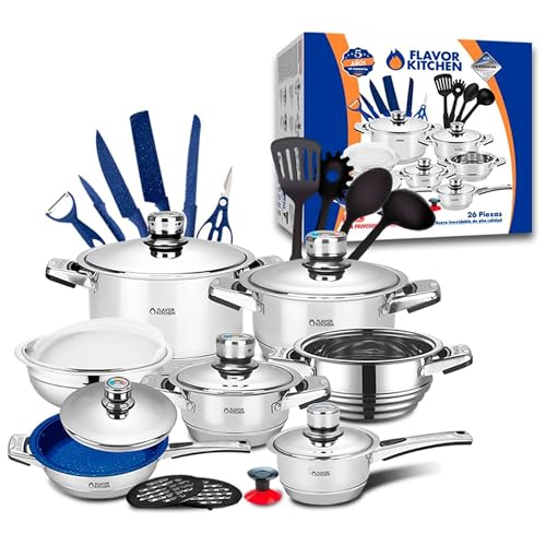 Catálogo de Bateria Flavor Stone - los preferidos. 49 Flavor Kitchen - Batería De Cocina Acero Inoxidable Quirúrgico 26 pz - Línea Profesional