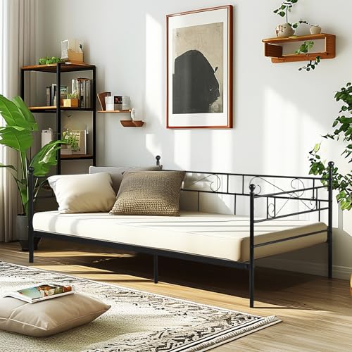 Tagesbett Bettsofa Schlafsofa Einzelbett Metallbett Jugendbett Gästebett Bett Sofas Couches 90x190 Schwarz – Bild 8