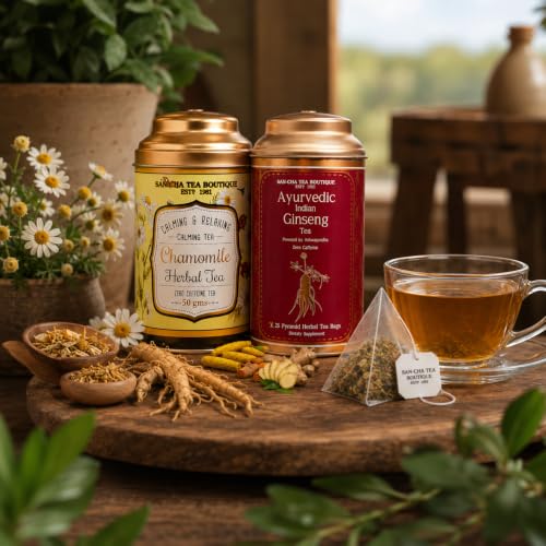 Image of Sancha Tea Boutique, Tea Combo Pack: Chamomile Flower, 50g & Indian Ginseng /Ashwagandha Teas (25 Pyramid Bags), Caffeine Free Herbal Tisanes