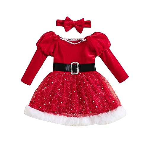 Nicoxijia Toddler Baby Girl Christmas Dress Long Sleeve Santa Claus Red Velvet Dress with Headband Outfit Infant Xmas Clothes (D-Red, 12-18 Months)