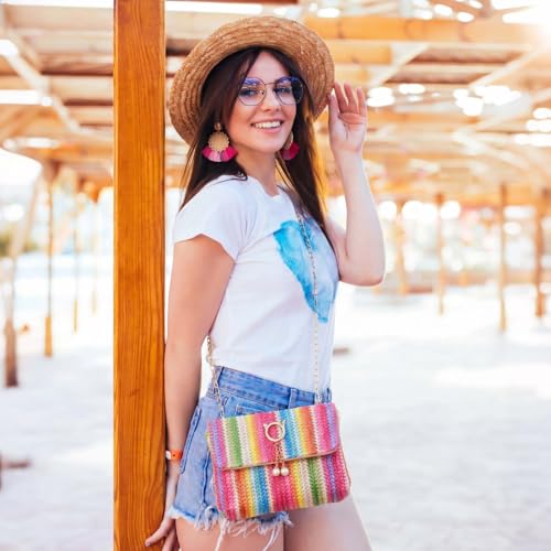 Image of Dansydaisy 5 Pack Striped Straw Clutch Purse Crossbody Vacation Handbag Woven Rattan Dangle Earrings for Women(Colorful,Cat Ear Buckle)