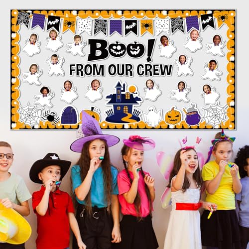 Image of Halloween Ghost Bulletin Board Set Classroom Decorations Pumpkin Castle Paper Cutouts BOO Ghost Pattern Spider Web DIY Photos Bulletin Board Halloween Party Back to School Nursery Classroom Wall Decor