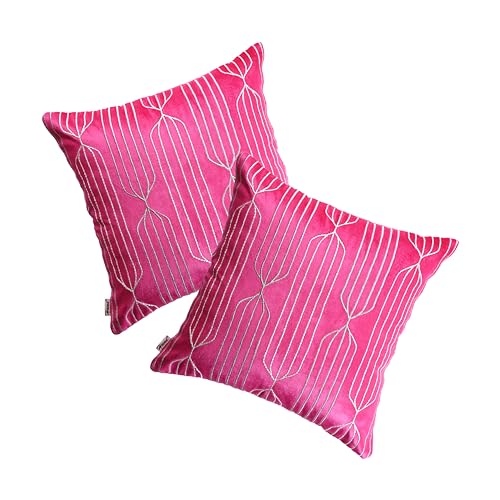 Image of Home - The Best is for You Luxurious Velvet Pink Cushion Covers Embroidered - Set of 2, 16x16 Inch