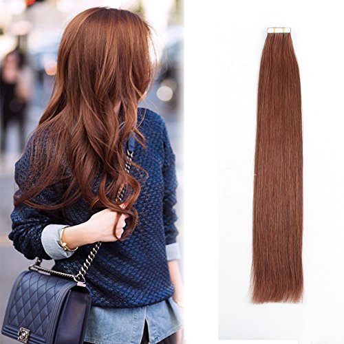 8A Grade Virgin Brazilian Tape in Hair Extension Vibrant Auburn Cooper Red Brown Double Side PU Skin Weft 20Pcs 50g/set (33# 18")