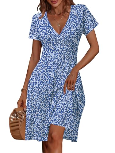 Image of MSBASIC Womens Summer Wrap V Neck Casual Dresses Floral Short Sleeve A-Line Midi Sundress