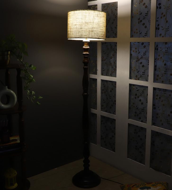 Image of tu casa Mango Wooden Floor Lamps with Classic Jute Shade for Home Decor, Bedrooms Corner, Living Room, Gifting, Diwali Decoration, Hall, Office, Study Room (Height: - 56 inch) - Bulb not Included