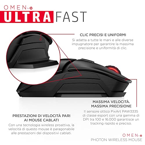 OMEN Mouse Photon, Wireless, Ricarica Qi Wireless, 11 Tasti Programmabili, Tempo Risposta 0.2 ms, DPI da 100 e 16000, Sensore Ottico PixArt PAW3335, LED RGB Personalizzabili, Nero - Mouse gaming - Immagine 6