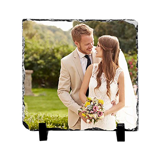 MoonlovePersonalized Picture Frames Square/Round/Heart Shape Rock Slate Stone Custom Photo Tabletop Frames Keepsake Christmas/Birthday Gift- Display on Desktop&Table Top (Square, 20 * 20 * 0.9mm)