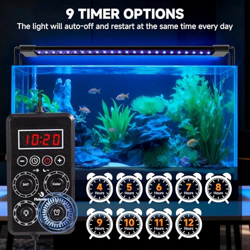 Fishnanny Fish Tank Light, 24/7 Mode Aquarium Light with One-Touch Calibrate Local Time, IP68-Waterproof RGB Full Spectrum Led Grow Lights with 9 Colors DIY, 9 Timer, 10 Brightness, Memory Function - Image 4