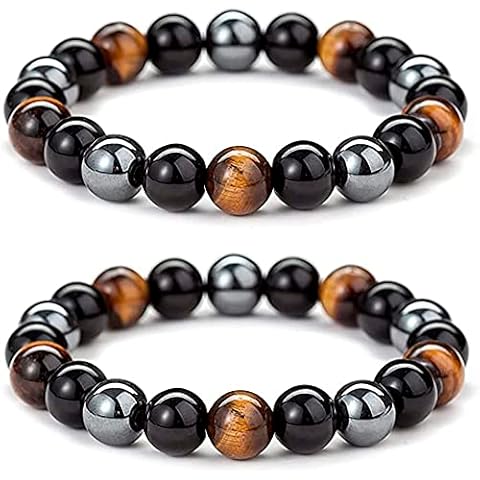 WFJ Black Obsidian Hematite Triple Protection Bracelet Tiger Eye Beads Bracelets for Men and women（10MM）, Set of 2 black,gray 19cm Cover