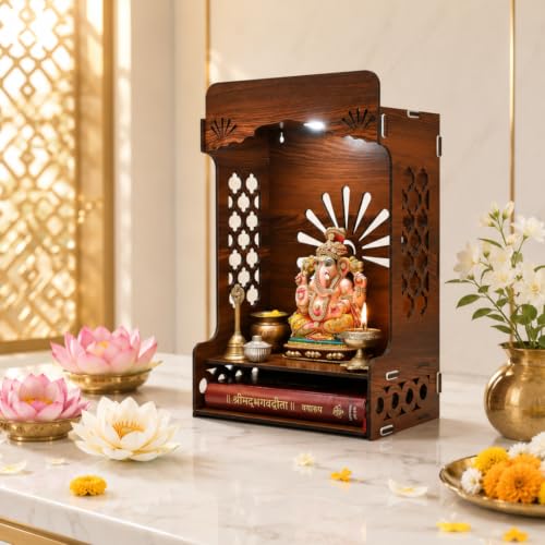 Image of Gift Kya De Wooden Temple for Home | Premium Design Pooja Mandir for Home, Office, Shop with Storage, Can be Used as Pooja Stand for Wall Mounted with LED Spot Light (DIY)(16x10 inch)