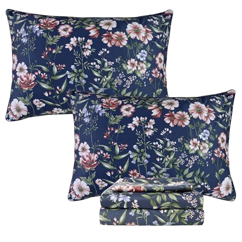 Image of FADFAY Sheets Set King Vintage Dark Blue Floral Bedding Shabby Peony Floral Sheets Navy French Country Farmhouse Bedding 800 Thread Count 100% Egyptian Cotton Deep Pocket Fitted Sheet 4Pcs, King Size