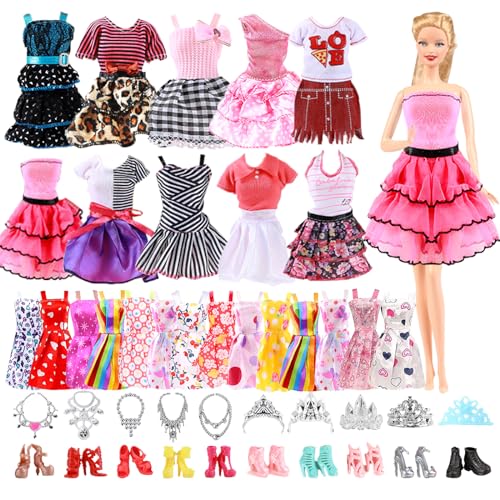 43Pcs Doll Clothes and Accessories Set Compatible with Barbie Doll, with 10 Suspender Dress 3 Fashion Dress 20 pcs Shoes 10 Accessorie for 11.5'' Doll in Random Girls Birthday