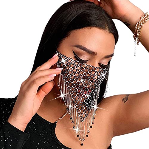 Máscara de baile brillante con diamantes de imitación negro, con borlas de cristal, máscara de fiesta de discoteca, máscara de Halloween para mujeres y niñas (color B) Cover
