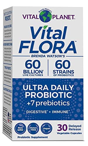 Vital Planet - Vital Flora Ultra Daily Probiotic Supplement with 60 Billion Cultures and 60 Strains, High Potency and Strain Diversity Probiotics for Women and Men with Organic Prebiotics, 30 Capsules