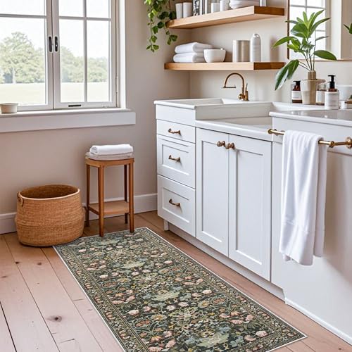 Hallway 2x5 Washable Runner Rug: Oriental Floral Stain Resistant Rug for Entryway Kitchen Farmhouse Soft Carpet for Bathroom Bedroom Thin Laudry Living Room Floor Mat with Non Slip Backing(2x5,Green)