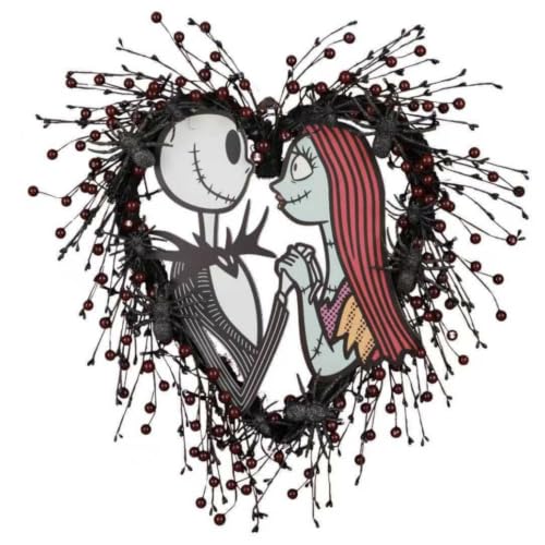 CG Hunter Disney Nightmare Before Christmas Jack & Sally 26-Inch Lighted Halloween Wreath – 45 LED Lights, Gothic Ornament Accents, Spooky Door Décor | CG Hunter