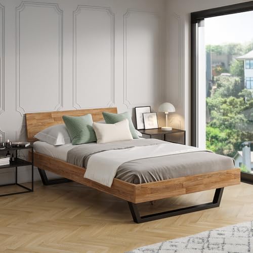 skølm Alver Massivholzbett 120x200 cm Bettgestell aus Massivholz Eiche geölt Holzbett mit schwarzen Metallkufen hochwertiges Bett mit 1 Strebe als Bettkopf Bettrahmen geeignet als Doppelbett