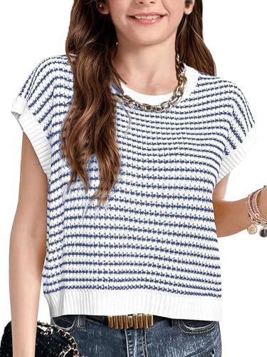Girls 2026 Spring Summer Crop Tops Sweater Vest Striped Cap Sleev...