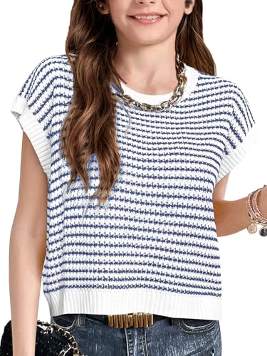 Seiciviy Girls Summer Fall Cute Tops School Picture Day Teen Tween Sweater Vest Striped Short Sleeve Trendy Knit Vest Navy