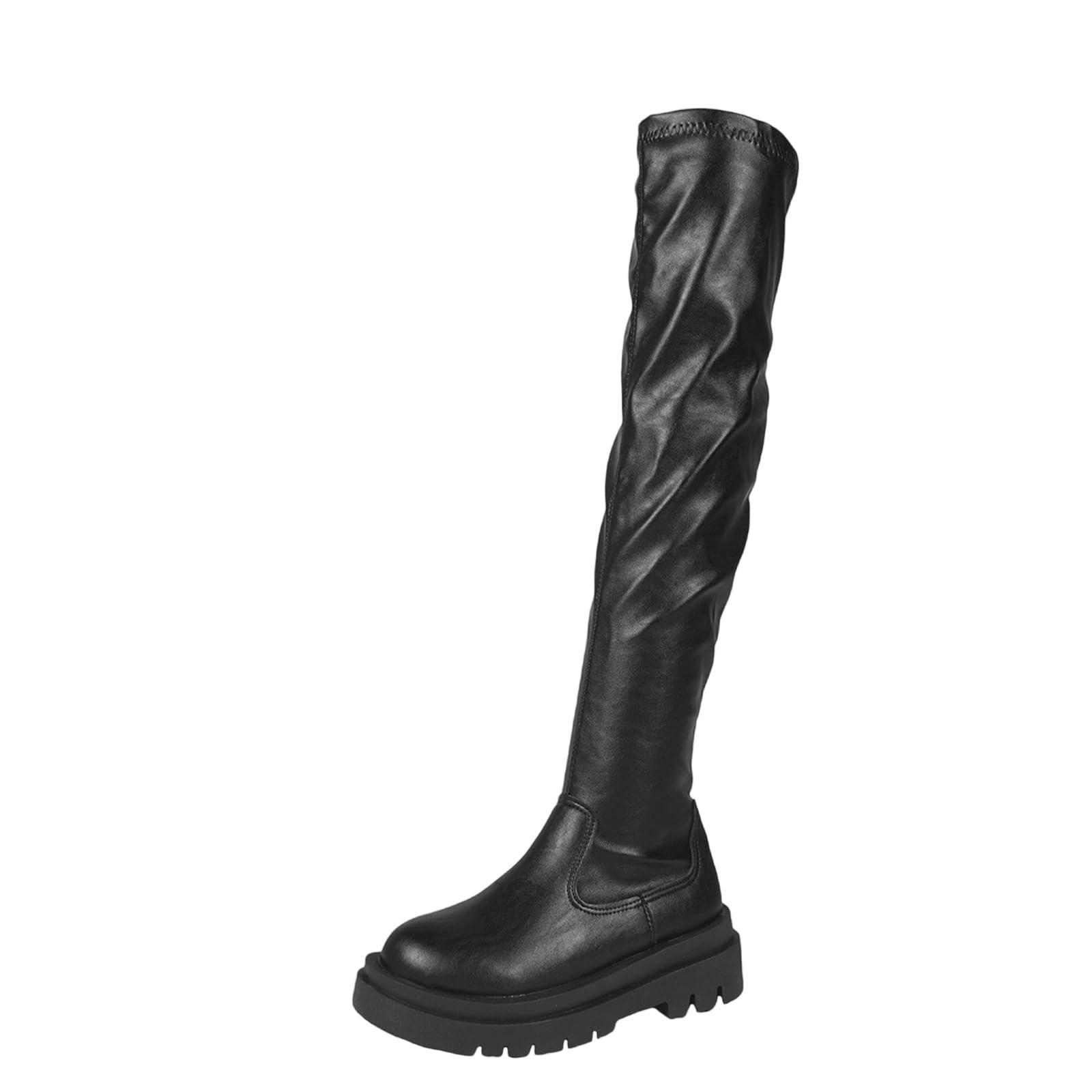 Over the Knee High Boots for Women Sexy Round Toe Low Chunky Heel Faux Leather Stretch Non Slip
