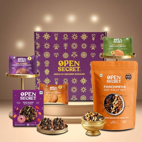 Image of Open Secret Premium Gift Hamper | Combo of 5 | Ideal Gifting for Christmas, Secret Santa & New Year Season | Healthy Assorted Snacks & Cookies | Panchmeva, Jeera, Chocolate & Butter Biscuits, Cookies | Dry Fruit Gift Box, Chocolate Gifts, Dry Fruits, Healthy Premium Hamper, Gifts for colleagues, Employee Gifting