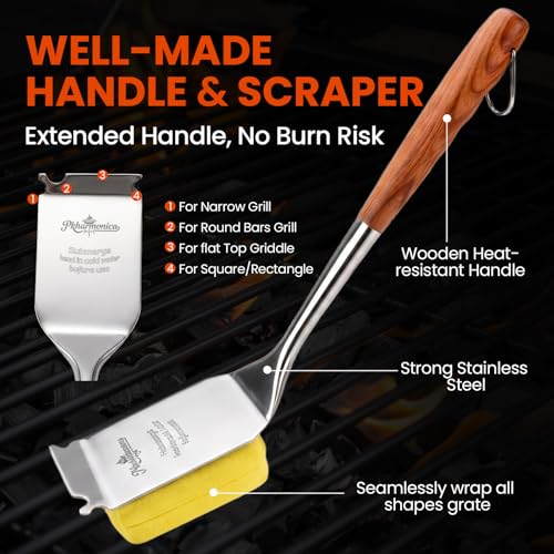 Image of Grill Brush for Outdoor Grill, Bristle Free Grill Brush with Scraper | Safe Steam Grill Cleaner for BBQ&Griddle, Long Rosewood Handle Reaches Corners,for Porcelain,Cast Iron&Stainless Steel Grates