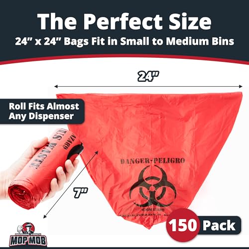 Image of No Leak, Hospital Grade Biohazard Waste Bags 150 Pk. 10 Gallon, 24 inch Red Trash Liner With Hazard Symbol For Infectious Waste Disposal (Pack of 2)