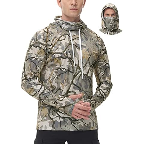 FISHEAL Fishing Hoodie Shirt for Men with Adjustable Drawstring - SPF 50 Sun Protection Camo Long Sleeve Shirts with Face Mask Thumbholes Cover