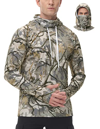 FISHEAL Men's Hunting Shirts with Mask - UPF 50+ Camo Long Sleeve Fishing Hoodie Shirt with Adjustable Drawstring