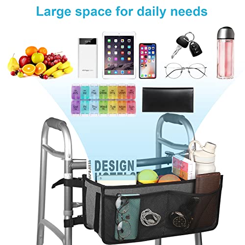 yeloumiss Walker Basket Foldable Walker Storage Bag with Two Split Boards and Six Non-Slip Straps Big Capacity Walker Basket Tote Organizer Never Tipping Over Ideal for Senior, Universal Size (Gray) - Thumbnail 5