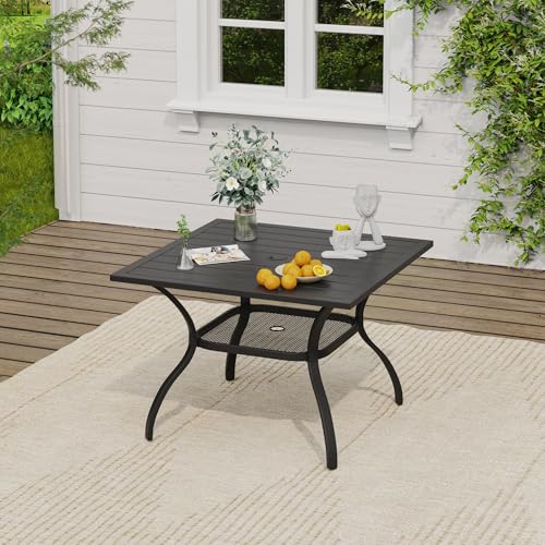 Image of VICLLAX Outdoor Patio Dining Table for 4, Square Patio Table with Umbrella Hole for Patio Lawn Deck Backyard, Black Tabletop