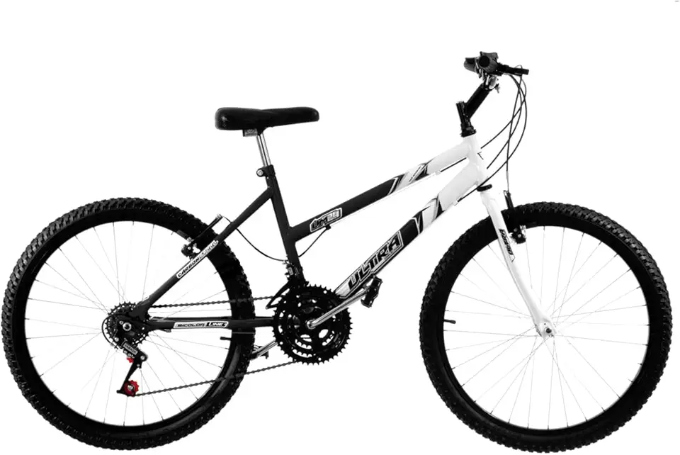 Bicicleta de Passeio Ultra Bikes Esporte Bicolor Aro 24 Reforçada Freio V-Brake – 18 Marchas Preto/Branco