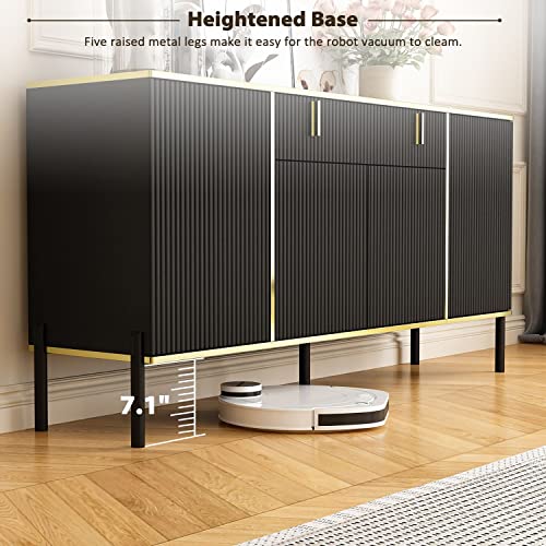 Didugo Sideboard Buffet Storage Cabinet With Drawer & Pop-Up Doors, Credenza Sideboard Buffet, Modern & Contemporary, For Living Room Black And Gold (63”W X 15.7”D X 31.5”H) #TOP5
